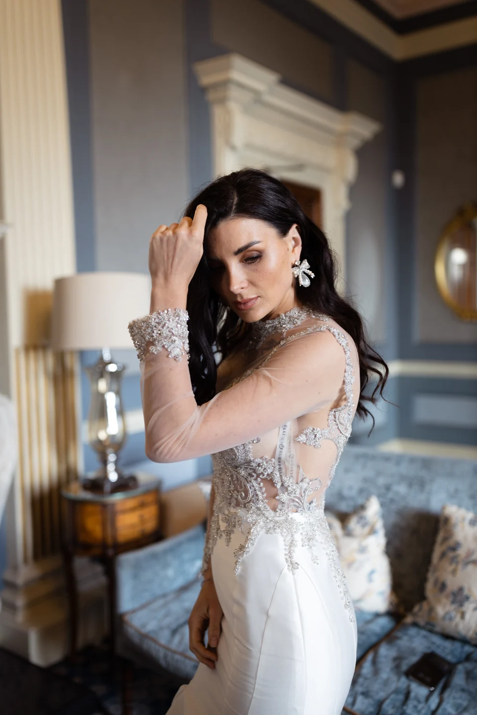 Bride in an embroidered wedding gown