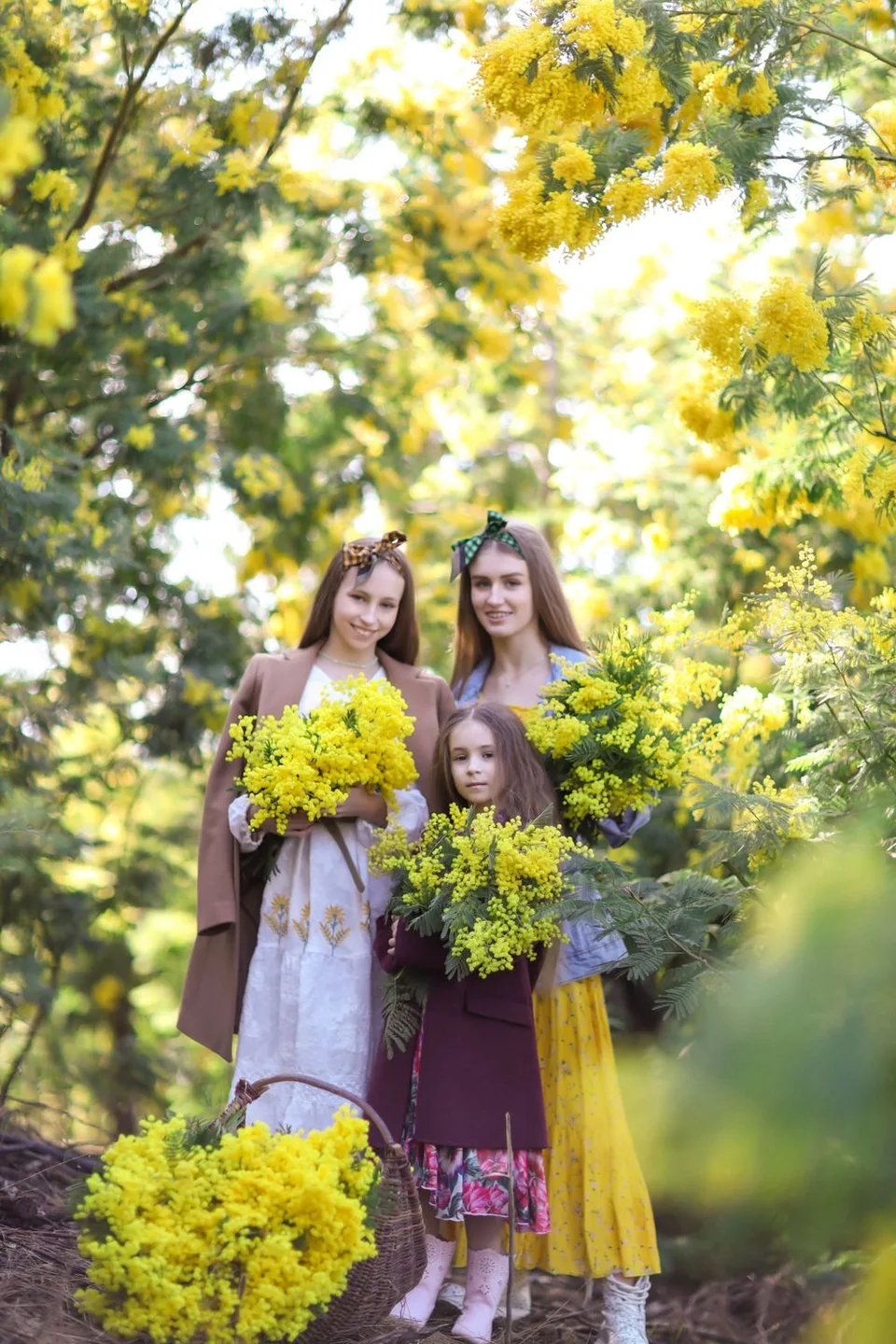 Group photo in garden surrounded by blooming yellow mimosa flowers on sunny day.