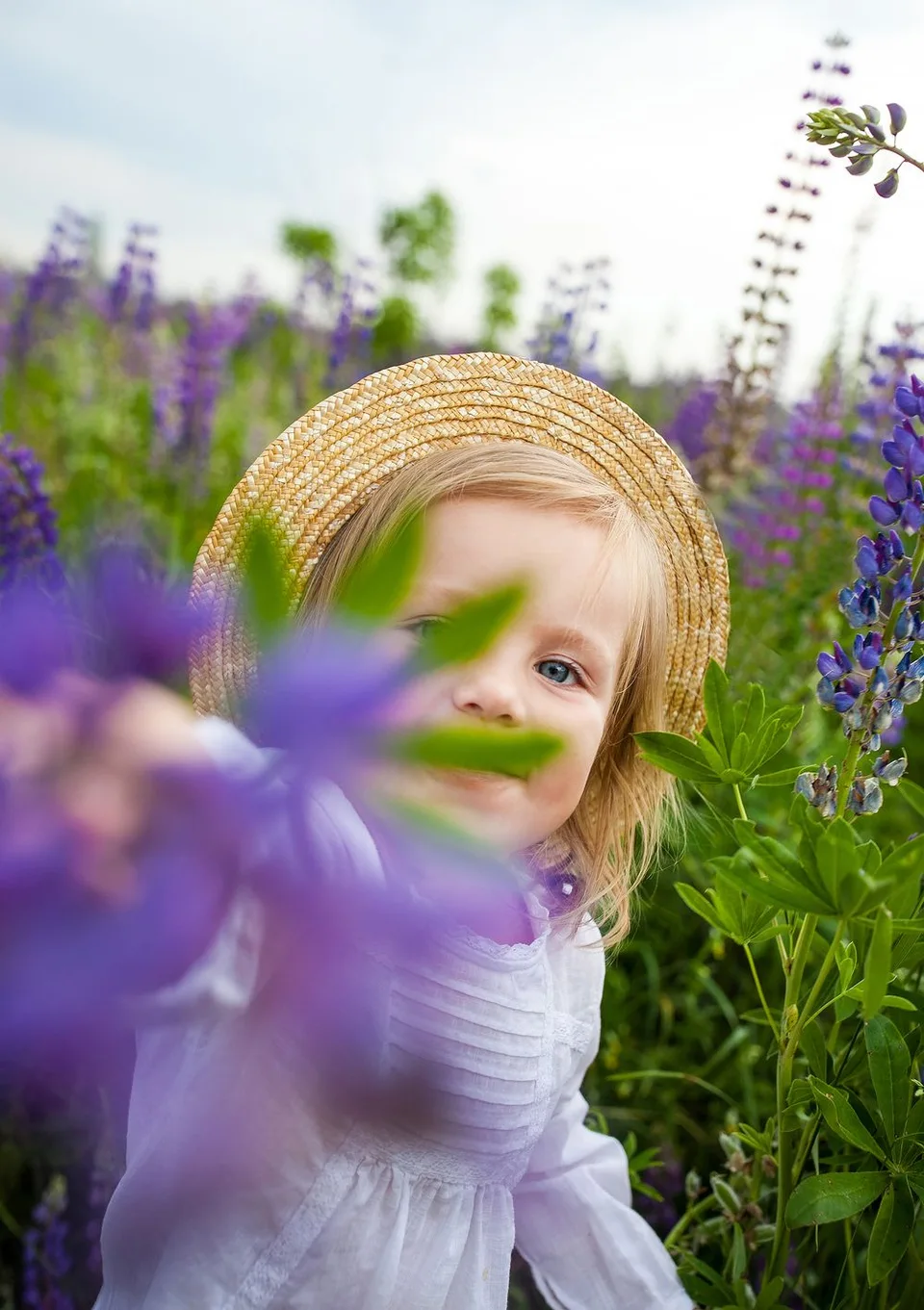 A whimsical portrait among purple lupine flowers with a straw hat and white dress.