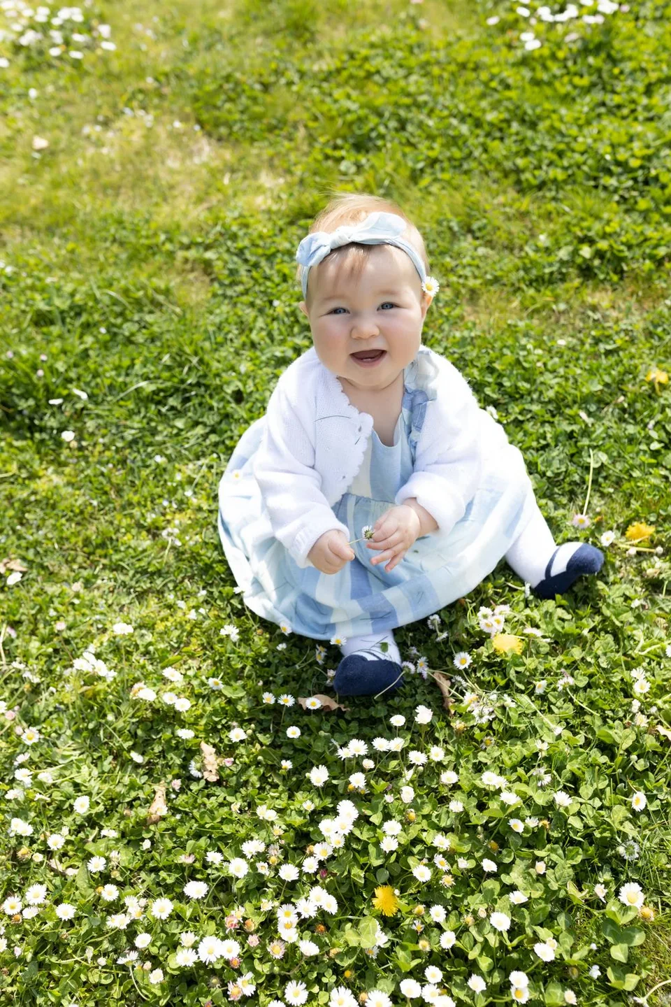 Baby in white dress and headband sitting among blooming daisies in grass.
