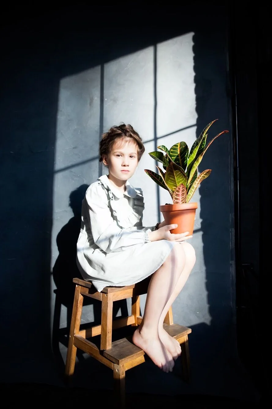A dramatic portrait with sunlight casting window shadows while holding a potted plant on a wooden stool.